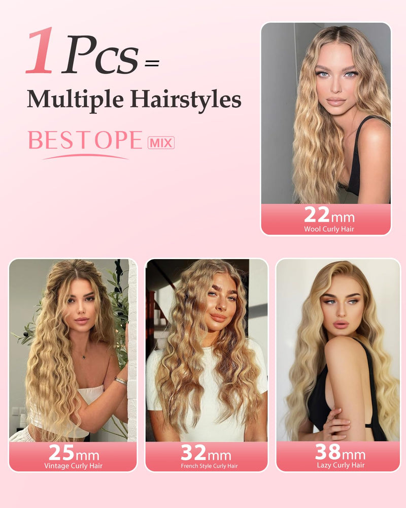 4 in 1 Adjustable Wave Curling Iron - 22/25/32/38mm Ionic Beach Waver Hair Curler with Ceramic Electrical Coating, Anti-Scald, 30S Heat Up, Digital Display, 4 Temperature(140°C-210°C), Black+Rose Gold