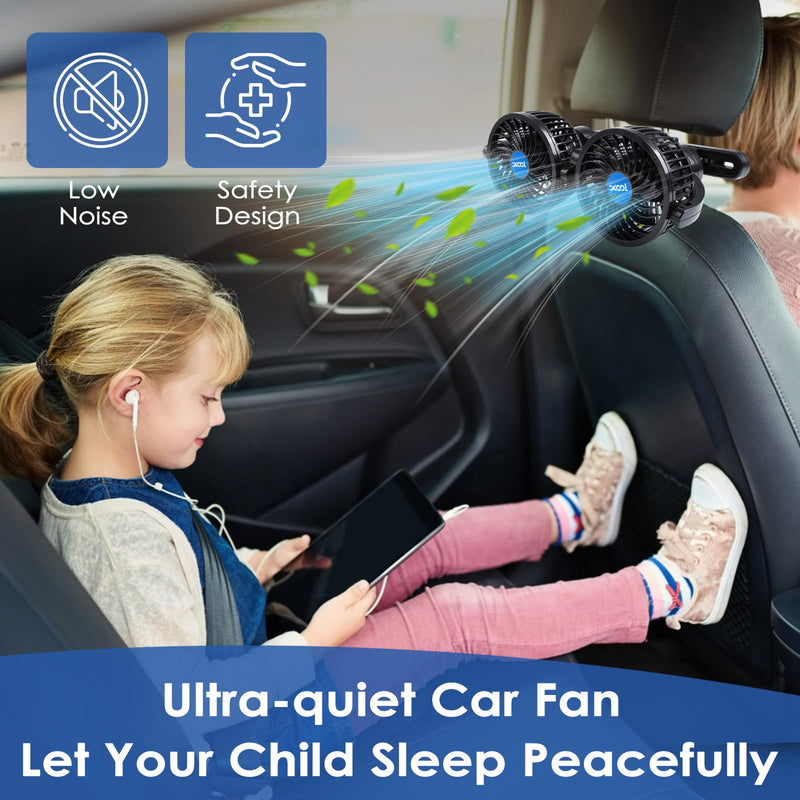 XOOL USB Dual Head Backseat Car Fan – 360° Rotatable Rear Seat Air Circulator with Stepless Speed & Adjustable Clip for Kids in SUV, Truck, RV USB Dual Fan - Rear (Stepless)