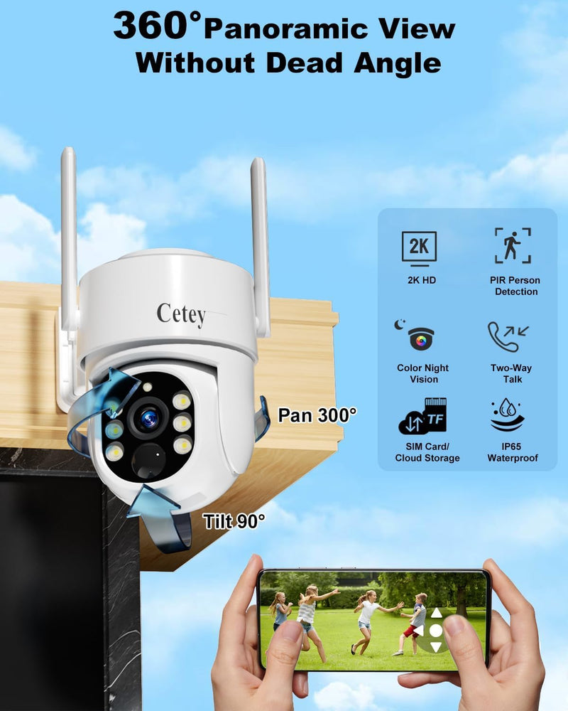 4G LTE Cellular Security Camera Wireless Outdoor, No WiFi Solar Powered Camera for Farms, Ranches, Estates Surveillance, 2K Color Night Vision, 360°PTZ, 2-Way Audio, PIR Motion Sensor White