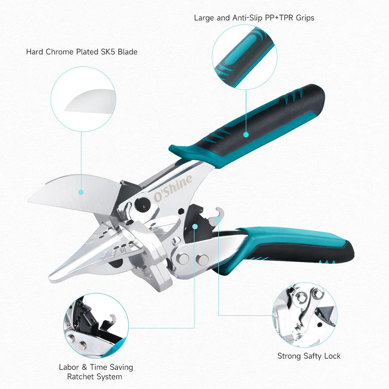 O’Shine Ratchet Miter Shears Expert for Angular Cutting Molding Crafting Wood, Quarter Round Cutting Tool, 45-135 Degree Multi Angle PVC Miter Shear Trim Cutter Hand Tool, w/Extra Four Anvils & Blade American