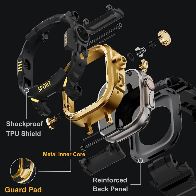 DABAOZA Rugged Case with Band Men Tactical Compatible with Apple Watch 49mm | Screen Protector Military Grade Shockproof Bumper Men Tactical Heavy Duty Strap,for iWatch Ultra 3/2/1,Black Gold 49MM Black/Gold