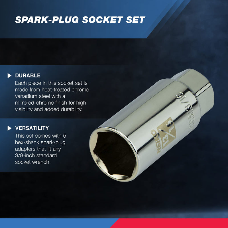 Neiko 02500A 3/8" Drive Spark Plug Socket Set, 5 Piece, SAE And Metric, Rubber Retaining Inserts, Cr-V Steel, 14mm, 18mm, 9/16, 13/16, 5/8 Spark Plug Socket, Deep Well Socket Set, Spark Plug Tool 5 Piece, Spark Plug