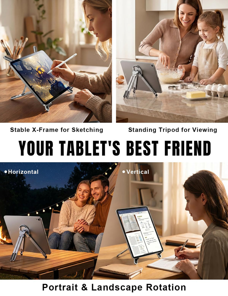 4-in-1 Foldable Laptop Stand & Magnetic Phone Holder, Silver Aerospace Aluminum Portable Desk Mount with N52 MagSafe Compatible Tripod Handle for MacBook Pro, iPad, Travel & Vlogging