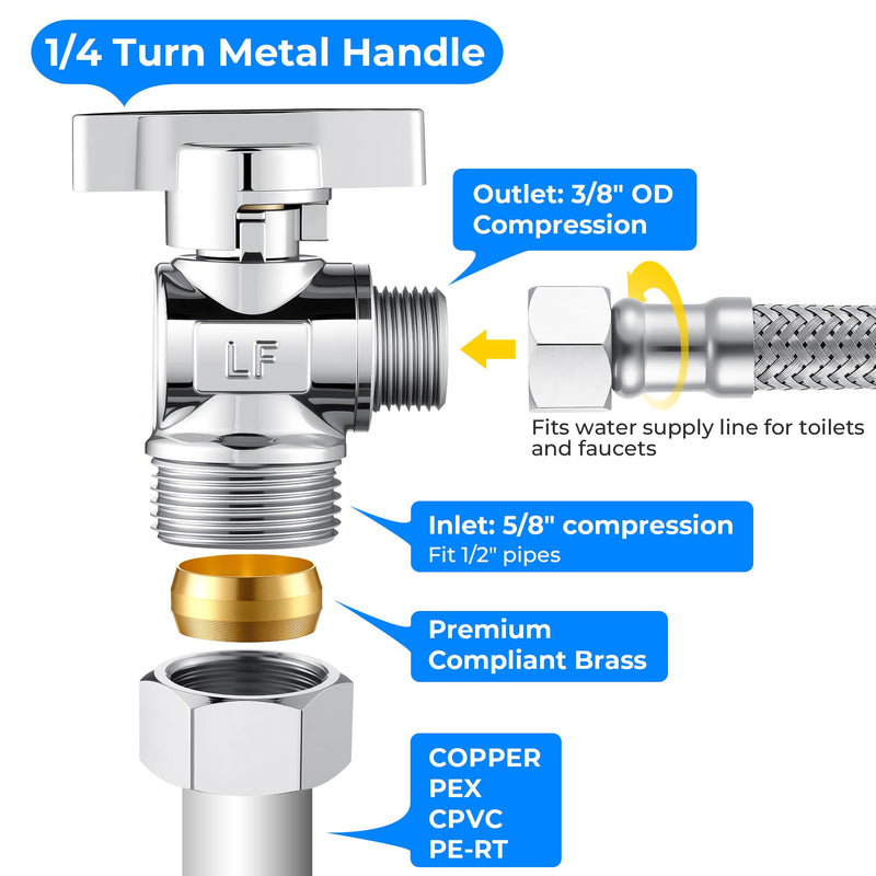 2 Pack Complete Toilet Valve Set, Includes 1/2'' Nom Inlet x 3/8'' OD Compression Outlet Angle Shut Off, 7/8" BC x 3/8" COMP Toilet Water Supply Line, Escutcheon Plate, Sealing Tape (12 Inch) 2 12 Inch