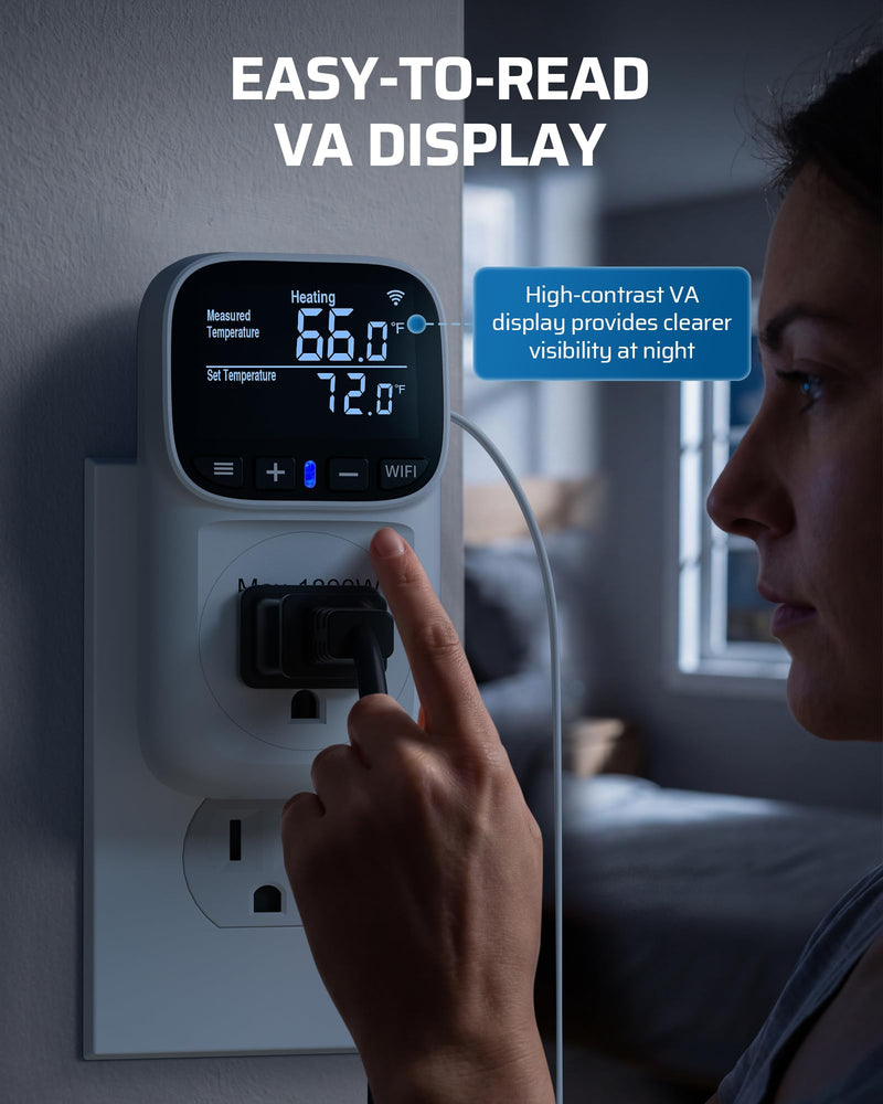 DEWENWILS Smart Temperature Controller, 15A 1800W WiFi Temperature Controller Outlet with Schedule Timer & Memory Function, VA Display & -4℉-240℉ Smart Thermostat for Reptile, Greenhouse, Incubator