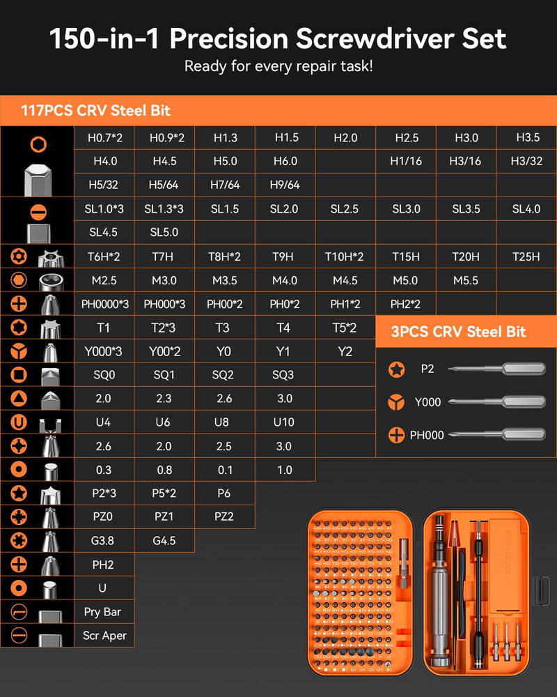 LIFEGOO Precision Screwdriver Set, 150 in 1 Magnetic Screwdriver Set with mini built-in box, Repair Tool Kit for Computer, Laptop, iPhone, Macbook, PC, PS5, Xbox Controller, Jewelers, Glasses Orange 150 in 1 orange