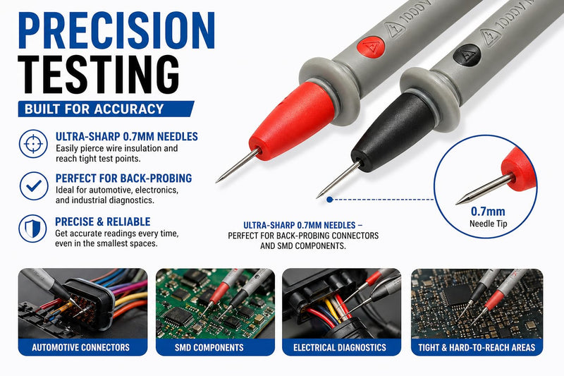 Professional Multimeter Test Leads Kit – 1000V 10A CAT III/IV – Includes Replaceable Gold-Plated Sharp Needle Probes, Alligator Clips, and Banana Plug Extension Cables for Electrical Testing