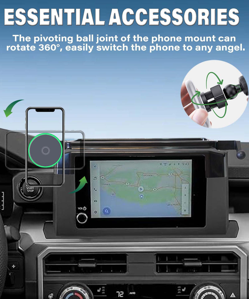 Car Phone Holder for Toyota Tacoma 2024 2025 Accessories Apply to 8 Inch Touch Screen 15W Fast Wireless Charger Screen Fixed Clip Cell Phone Mount with Dashboard Storage Tray fit for Toyota Tacoma 2024 2025 (8 Inch Screen)