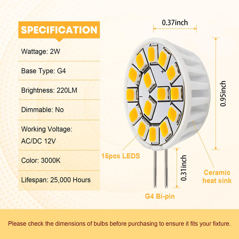 Kohree G4 LED Bulb 12V AC/DC Bi-Pin Base Ceiling Recessed Puck Light Bulb LED Replacement Halogen Bulb 20W Equivalent for RV Camper Trailer Motorhome 5th Wheel, Marine Boat (2 Watt, Warm White) 4 Pack 3000 Kelvin Warm White