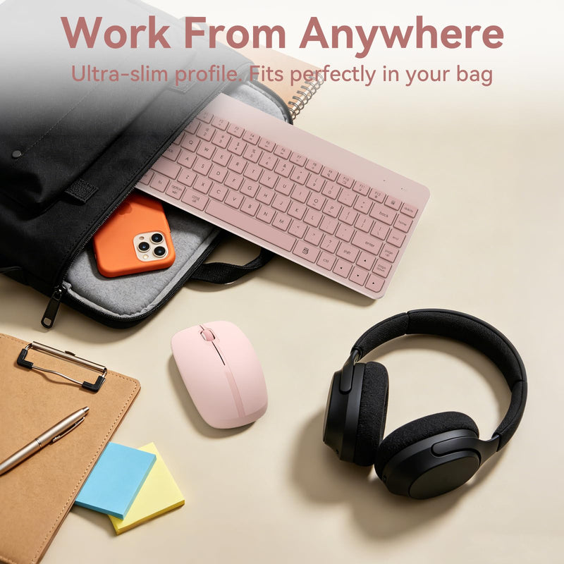 Wireless Keyboard and Mouse Combo, Pink, Quiet Compact Set | Small Portable Travel Set for Laptop PC Mac Tablet Computer, 2.4G Silent Click, Slim Teclado, Plug and Play USB Receiver Dusty Rose