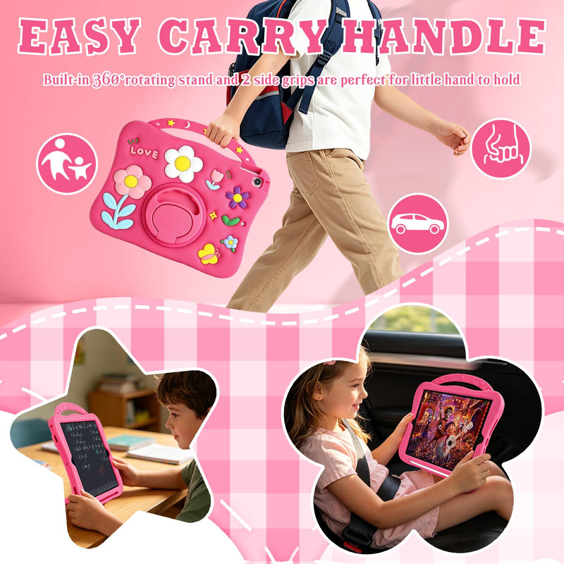SAMONPOW for iPad 9th/8th/7th Generation Kids Case 10.2 Inch 2021/2020/2019 | Girly Flower Silicone Cover 9th/8th Gen iPad Case 10.2 Inch for Girls with 360°Rotating Stand Handle Pencil Holder, Hot Pink for iPad 9th/ 8th/ 7th Gen Case