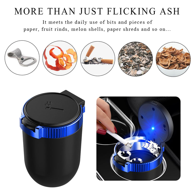 Car Ashtray with Lid, Detachable Stainless Steel Ash Tray with LED Blue Light, Portable Mini Vehicle Cup Holder Trash Can Smell Proof Ashtray Cup, Universal Car Accessories (Blue)