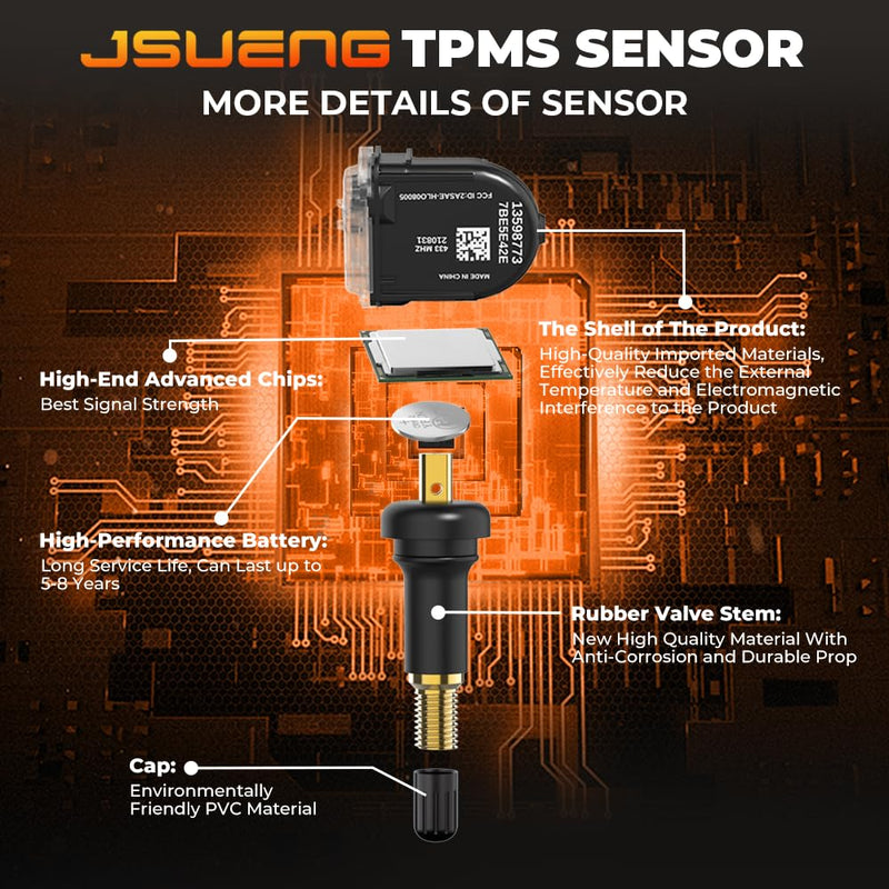 433Mhz TPMS Sensor, GM Tire Pressure Monitoring System Sensor Compatible for Chevy Malibu Silverado Impala Cruze, Buick Regal Lacrosse GMC Cadillac Replaces for 13598773 4-Pack