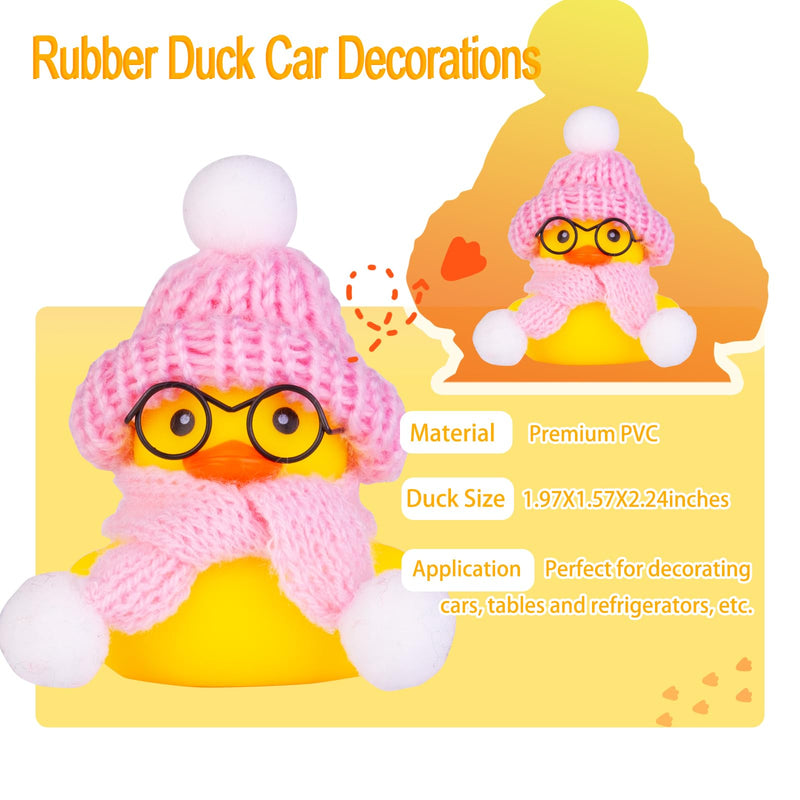 Car Rubber Duck Ornament Winter Duck Car Dashboard Decoration with Mini Beanie Hat Glasses and Scarf (E3) E3-c Glasses-pink Scarf&hat