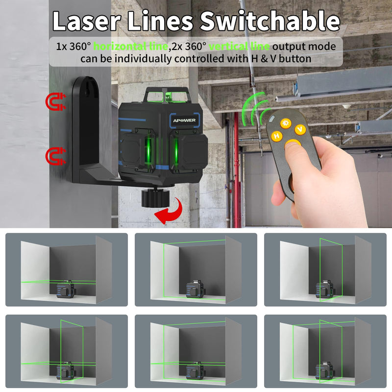 Laser Level 360 Self Leveling, 3 x 360° Cross Line Lazer Leveler Tool for Construction and Picture Hanging, Rechargeable Nivel Laser Outdoor, L-Magnetic Bracket Included 12 Line-Green