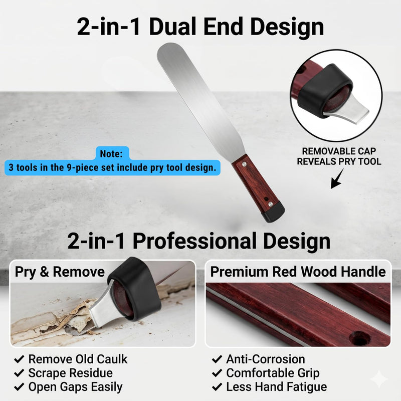 9-Piece Professional Caulking Spatula Set with Wooden Handle | 9-piece caulking tool kit with 1.0mm ultra-flexible stainless steel scraper, canvas bag for baseboards, sinks,tight gaps 9pcs Reddish Brown