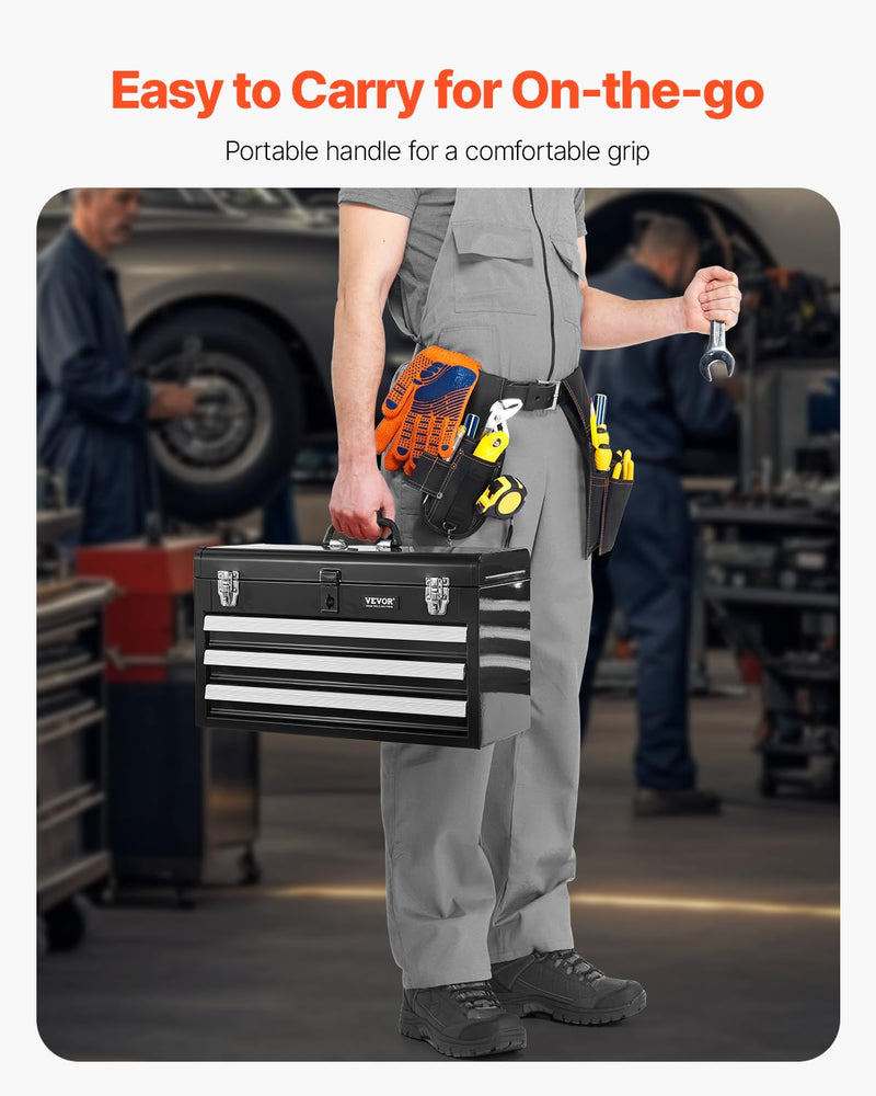 VEVOR Metal Tool Box, 20.5-inch, Portable Metal Tool Box with 3 Drawers, Small Tool Chest with EVA Liners, Ball Bearing Slide Drawers Locking & Powder Coated Finish, Multi-Function Tool Organizer Black-3 Drawer 20 in