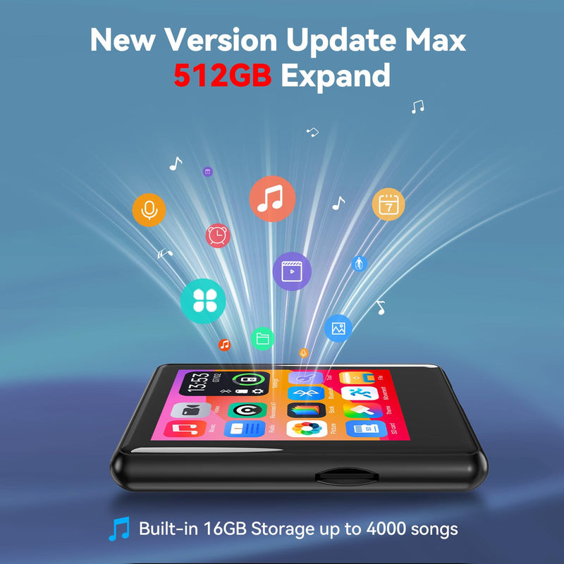 MP3 Player with Bluetooth 5.4, 2.4 inch Touch Screen Music Player with Speaker, FM Radio, Voice Recording, Supports 512GB SD Card and Includes Earphones 16GB