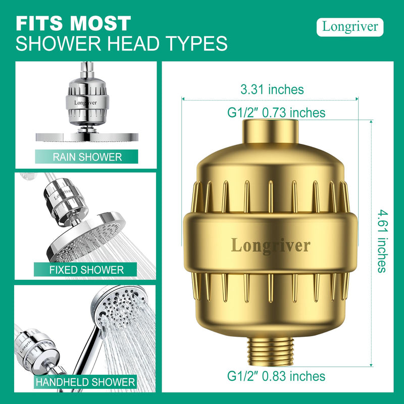 R7 Shower Filter High Put Shower Water Filter for Hard Water 99.99% Remove Chlorine, Shower Water Softener, Improve your skin and hair, Bathroom Fixture Hardware Parts, Brushed Gold, 2 Pack