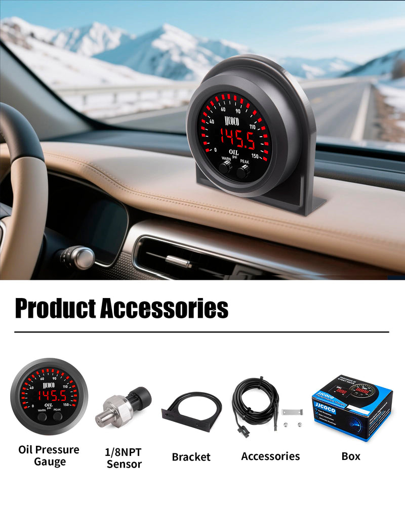 150PSI Oil Pressure Gauge Kit with 1/8NPT Electronic Sensor & Mounting Bracket 12V/24V DC Press Gauge Meter for Car Truck Vehicle Automotive 2-1/16" 52mm