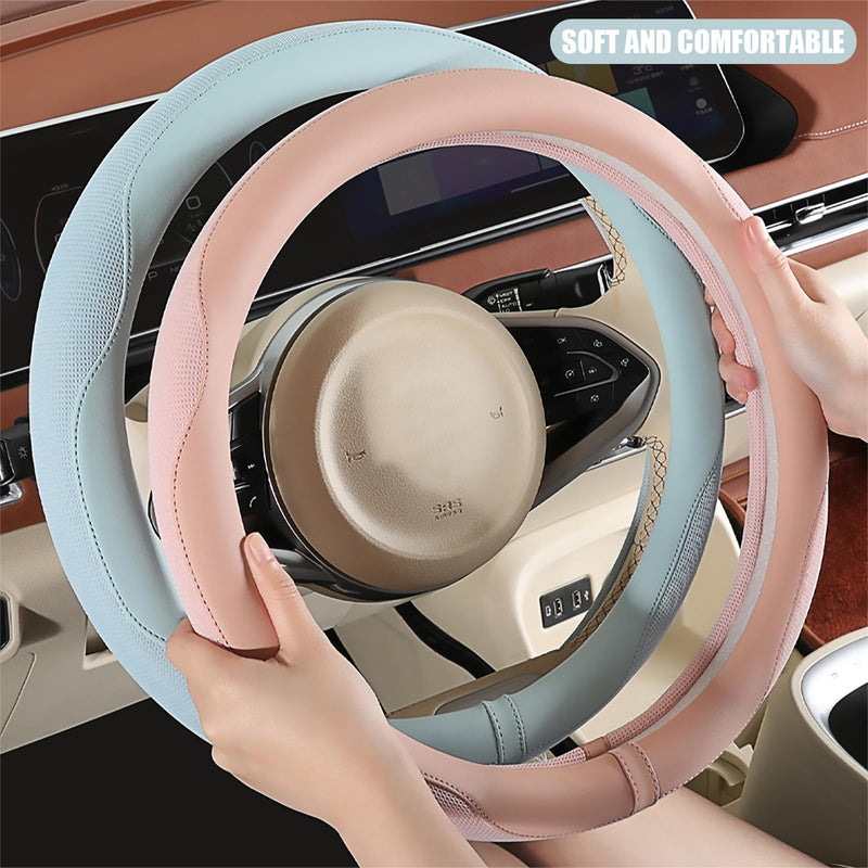 Nappa Leather Pink Steering Wheel Cover, Advanced Microfiber Leather Non-Slip Breathable Fabric, Warm in Winter and Cool in Summer, Universal 15 inch Standard Size[14.5''-15''] Round-Pink