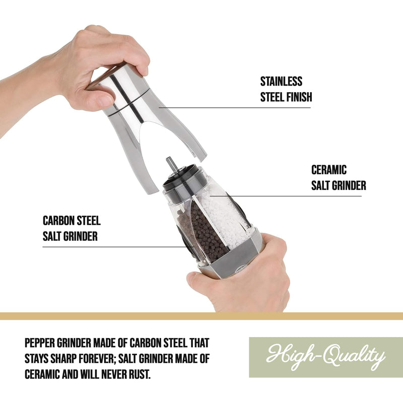 Trudeau Stainless Steel Manual 2-in-1 Salt and Pepper Mill - 7.5-Inch Space-Saving Grinder with Durable Carbon Steel Pepper Grinder and Rust-Proof Ceramic Salt Grinder - Adjustable Grind Settings