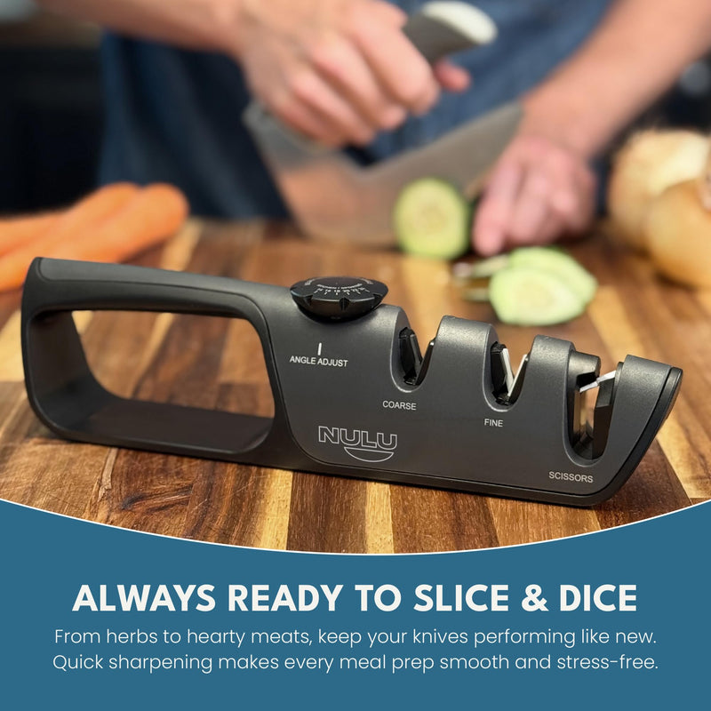 NULU Adjustable Knife Sharpener - Manual Knife Sharpener with Angle Control for Nulu & Traditional Knives, Ergonomic Design, Triple Sharpening System for Professional Results