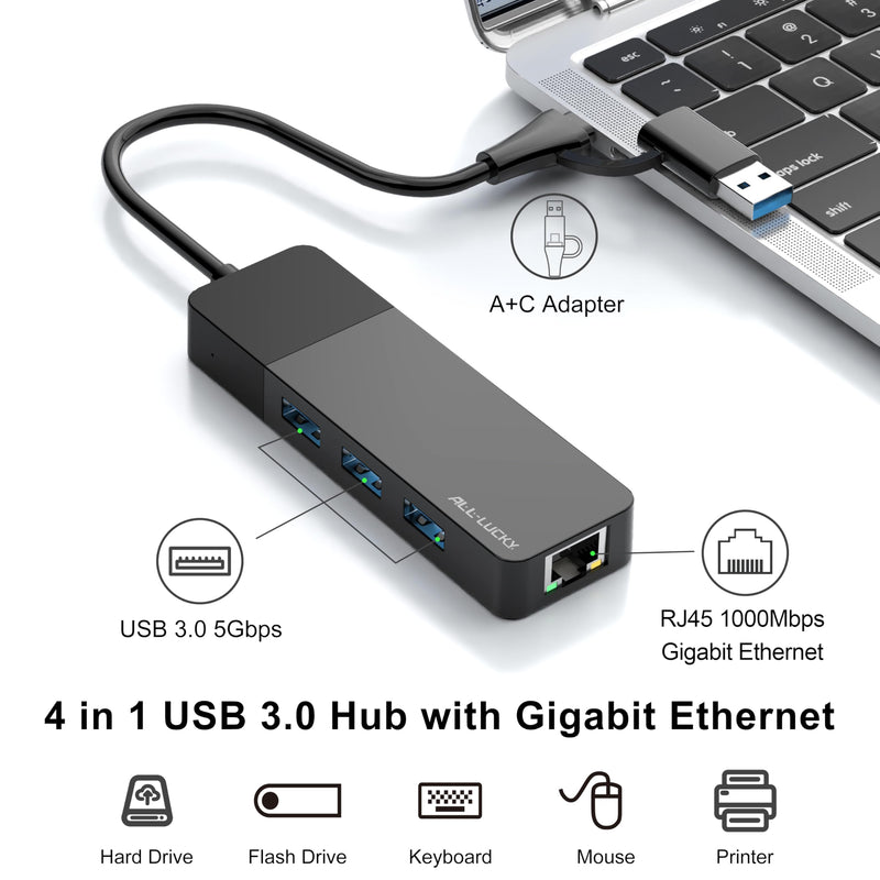 ALL-LUCKY USB to Ethernet Adapter, 4 in 1 USB C to Ethernet Adapter Hub with 3 x USB 3.0 Port/Gigabit Internet Port, High-Speed Network Hub Compatible for iMac,MacBook Pro，iPad Pro，XPS