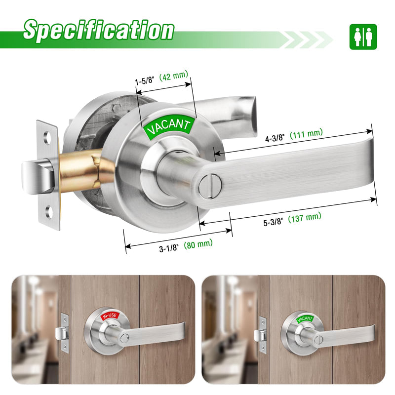 Vacant Occupied Bathroom Door Lock - Stainless Steel Privacy Door Handle with Indicator Sign, Fits 1-3/8" to 2" Door, ANSI Grade2 Commercial Door Locks for Restroom Stall, Office, Gym (Silver) Silver-Door handle