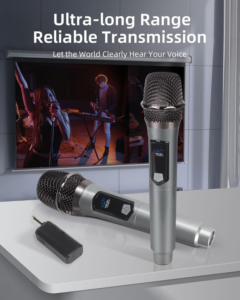 Wireless Microphone Set for Singing, Speech & Events, 2.4GHz Dual Cordless Mics with Rechargeable Receiver, 200ft Range, Metal Mic 2-Pack for Karaoke, Party, PA Systems（Black） Black
