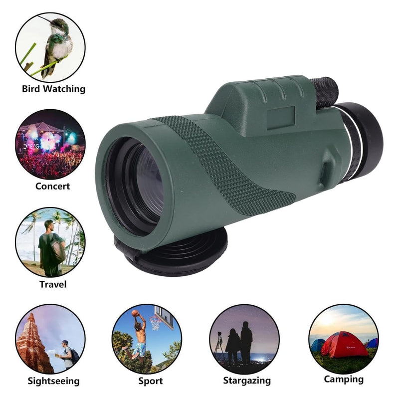 80X100 Monocular Telescope, High Power Monocular for Adults with Phone Adapter & Tripod & Hand Strap, Equipped with BAK4 Prism for Bird Watching (Green, 15.3x7cm) Green