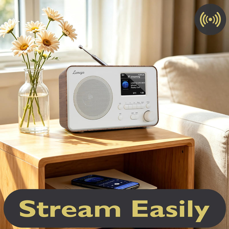 LeMega IR1PRO Internet Radio, Podcasts, Bluetooth, FM, Walnut | Alarm clock, full colour display, mains or AA battery, compact kitchen radio, snooze, sleep timer, 150 unified presets