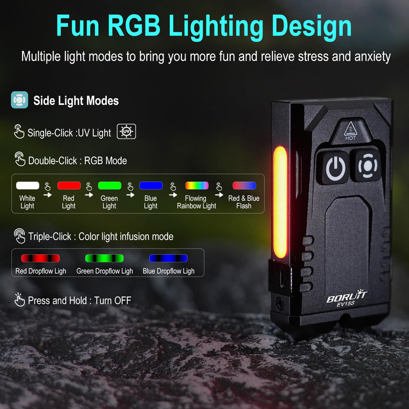 BORUIT EV15S Small Flashlights Powerful 1000 Lumens Bright, USB C Rechargeable Mini Keychain Flash Light with Clip, Magnetic, 365nm UV & RGB Sidelight, for Home Camping Emergencies