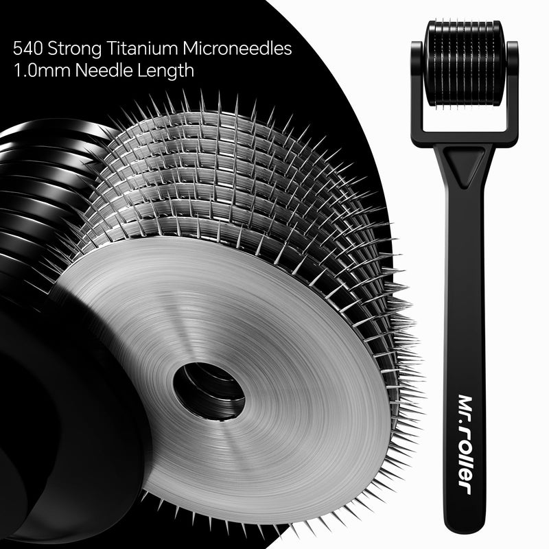 Mr.roller Derma Roller 1mm for Hair Growth, Microneedle Roller for Face Scalp Body, Beard Roller for Beard Growth, 540 Titanium Micro Needling Roller with Case for Men Women 1.0mm Matte Black