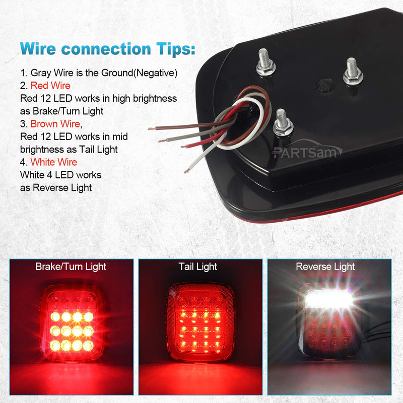 Partsam 2x Universal 16 LED Stop Tail Turn Signal Backup Reverse Brake Clearance Marker Lights Lamps Red/White Replacement for Jeep YJ JK CJ Truck Trailer Waterproof 12V Red Lens
