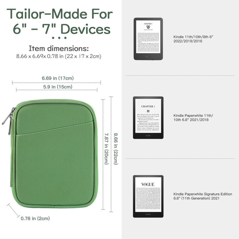 6-7 Inch Protective Sleeve Carrying Case for All-New 6" Kindle 11th Gen 2022/10th Gen 2019/8th Gen 2016, 6.8" Kindle Paperwhite 11th/10th Gen 2021/2018, Kindle Oasis E-Reader, Green