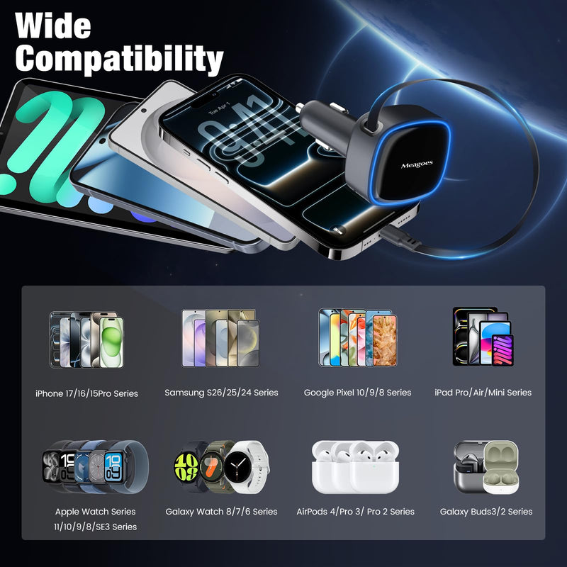 90W Retractable Car Charger USB C Super Fast Charging for iPhone 17 Pro Max | Dual 45W PPS Cigarette Lighter Adapter Plug,for iPhone 16/15/Samsung Galaxy S26/S25/USBC Android Phone,25.5-Inch Type C Cable USB Type C