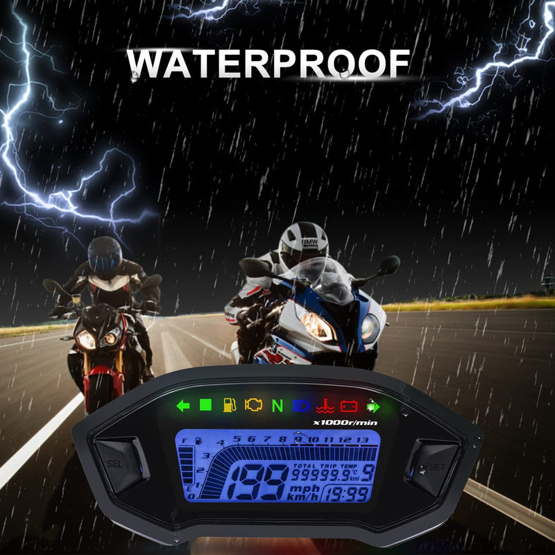 KAOLALI Motorcycle Speedometer Tachometer Universal 13000rpm LCD Digital Odometer Gauge Adjustable 7 Colors for 2,4 Cylinders