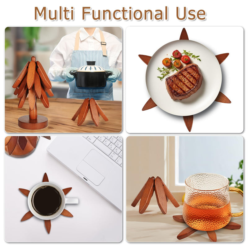 Wooden Trivets for Hot Dishes, Tree Shape Trivet Set, Foldable Kitchen Wooden Trivets, Tree Coaster for Hot Dishes、Pot、Bowl、teapot、hot Pot Holders (4 Piece-Walnut) 4 Piece-walnut