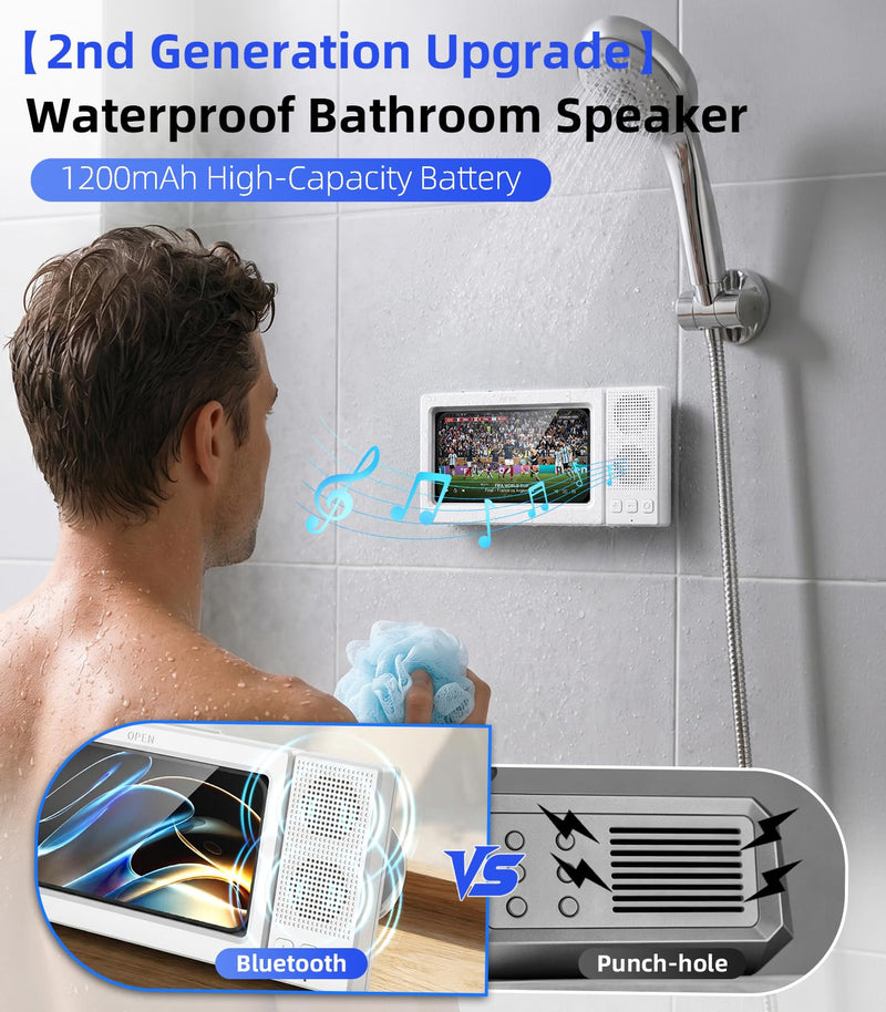 2nd Gen Shower Phone Holder Waterproof with Speaker Hole 1200mAh | 18H Playtime With Dual Bluetooth Speaker IPX6 Speakers High-Sensitivity Touchscreen Rich Bass Sound Bluetooth 5.3 (White） White