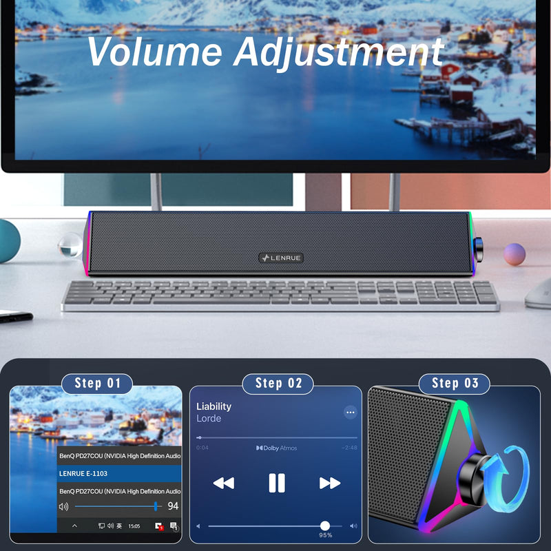 LENRUE Computer Speakers for Desktop,PC Speakers with Single USB for Power and Stereo Sound,Touch Lights Gaming Speakers Sound bar for Desktop PC Monitor Laptop(USB-C Adapter Included) Black