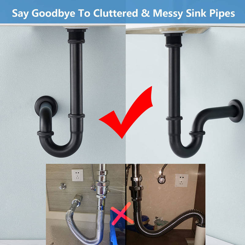 Brass P Trap with Bathroom Sink Stopper : 1-1/4 Sink Drain Bottle Trap Set with Overflow - Adjustable Height, Matte Black - Complete Basin Sink Plumbing Kit for Pipe Replacement Black - With Overflow