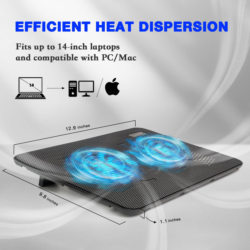 Laptop Cooling Pad, Coolertek Portable Slim Quiet Laptop Notebook Cooler Cooling Pad Stand with 2 Blue LED Fans, USB Powered, Adjustable Angled, Fits 11-14 Inch Laptop Blue Light -2 fans
