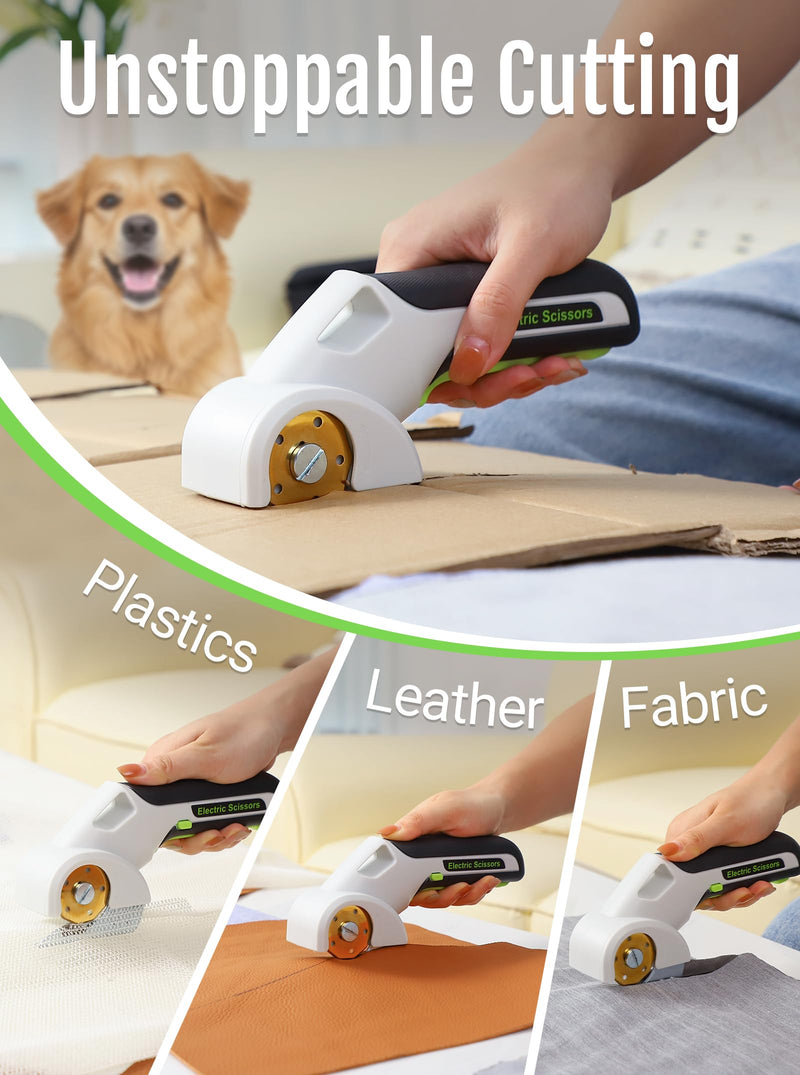 2026 NEW 4V Cordless Electric Scissors Tools, Cardboard Cutter with 2 Titanium Blade Accessories, Safety Lock, Rotary Cutter for Cardboard,Gifts for Men&Women - Glossy White