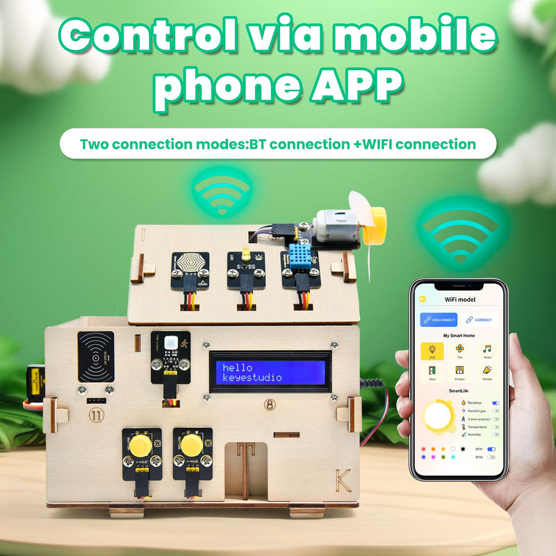 KEYESTUDIO IOT ESP32 Smart Home Starter Kit for Arduino and Python,Electronics Home Automation Coding Kit, Wooden House DIY Sensor Kit STEM Educational Set for Adults Teens 15+