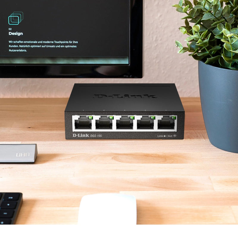 D-Link Ethernet Switch, 5 Port Gigabit Unmanaged Metal Desktop Plug and Play Compact (DGS-105),Black 5-Port Switch