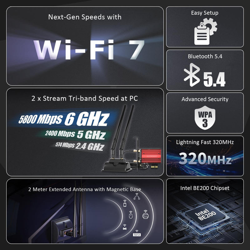 GLOTRENDS WiFi 7 PCIe Card with 2-Meter Extension Antenna for Desktop PC, Intel BE200NGW, Only Compatible with Windows 11 24H2 or Above Version (Not Support AMD Motherboard)