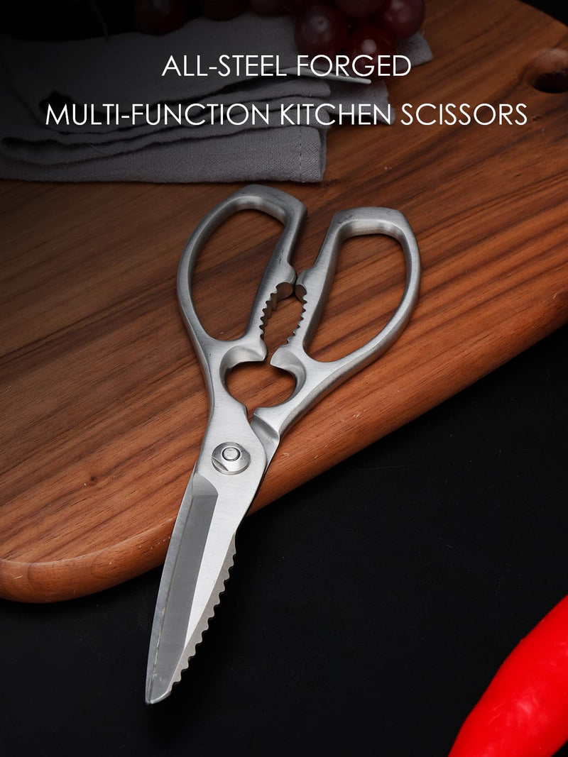 Heavy-Duty Kitchen Scissors Forged from Stainless Steel, Kitchen Shears for Food, Ideal Cooking & Culinary Scissors for Meat, Poultry and Vegetables, Dishwasher Safe, 5-Year Warranty Silver