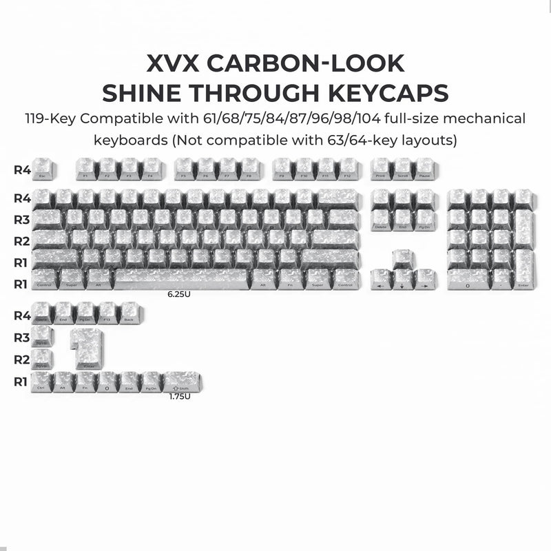 OHY XVX Silver Shine Through Keycaps,Cherry Profile Forged Carbon Side Printed 119-Key Keycaps for MX Switch ANSI Keyboard Sliver