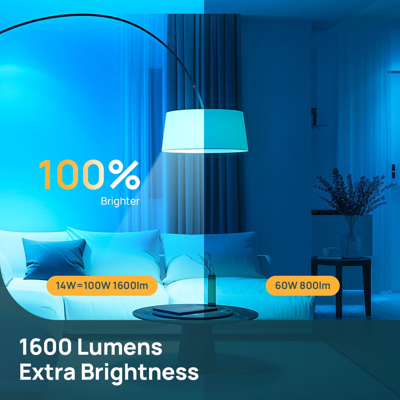 Linkind Smart Light Bulbs, 1600LM (100W Equivalent) A21 Smart Bulb, Compatible with Alexa & Google Home, 14W E26 RGBTW Color Changing Bulb with Music Sync, 2.4GHz Wi-Fi & Bluetooth, 4Pack 4 Pack 100W
